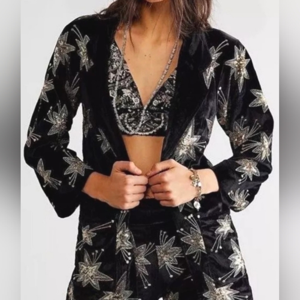 Free People x Lenni Chromatic Velvet Black Sequin 🌟 NWT BLAZER ONLY🌟 sz S